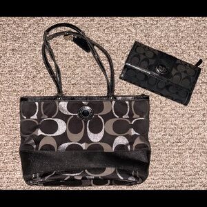 Coach Black and Gray Signature Tote & Large Wallet